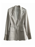 Fashion Women's Blazer Slim Notched Collar Single Button Folds Waist Straight Gray Suit Jackets Summer 2023 New
