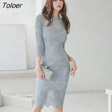 Korean Style Women Vintage Stand Neck Lace Embroidery Midi Dress Elegant Office Sexy Street Clothes Skinny Female