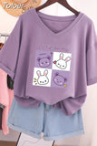 Plus Size T Shirt 100% Cotton L-5XL Tshirt Short Sleeve Women Top 2023 Summer Cartoon T Shirt V Neck Oversized T