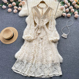 Vintage Hollow Out Lace Long Dress Women Elegant V-Neck Single Breasted Puff Sleeve High Waist Blue/Beige/Black Maxi Robe