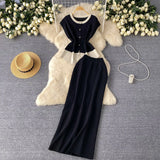 Sense Of The Color Short Sleeve Knitted Cardigan Top + High Waist Long Skirt Summer Wearing Two