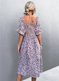 Sweet Square Collar Puff Sleeves Leopard Print Fit and Flare Holiday
