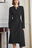 Fashion Women's A-line Dress V-neck slim Long Sleeve Single Breasted Asymmetric Black waist Dresses summer 2023 New