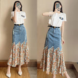 Popular White Cotton T-shirt Pleated Chiffon Denim Patchwork Skirt Elegant Women's Skirt Suit Party Dress Female