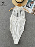 Mesh Sexy Halter Playsuits Women Backless Lace Up Inside Wear Thin Slim 2022 Fashion Solid Strapless Summer
