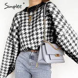 Women geometric khaki knitted sweater women casual Houndstooth lady pullover sweater female Autumn winter retro