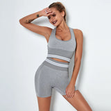 Athletic Seamless Striped Set Gym Sport Suit Workout Clothes Women Long Sleeve Shirts Seamless Shorts Fitness