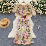 High-End Elegant Heavy Industry Flower Embroidery Round Collar Lantern Sleeves To Close The Waist Slim Slimmed Fishtail Dress