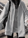 Solid Color Oversized Zip Up Hoodie-Outfit
