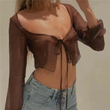 Aesthetic Crop Top Summer Women Lace Up Long Sleeve T Shirt See Through Mesh Clothes y2k Streetwear Club Party