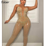 Rhinestones Crystal Overalls Jumpsuits One Piece Pants Sexy Straps Summer Diamonds New Mesh Sheer Party