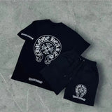 Trendy Retro Print Round-Neck Short-Sleeved Men's Loose Cotton Free-Fitting Hiphop Pants Couple