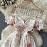 One-Word Shoulder-Scaring Dress Women's Summer Gentle Wind To Close The Waist Mashed Flowers Bubble Sleeve Yarn Fairy