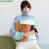 cotton patchwork knitted sweaters winter women pollovers female autumn winter loose lady