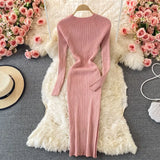 Women Shiny Knitted Dress Long Sleeve O Neck Elastic Slim Pencil Dresses Autumn Sexy Bodycon Streetwear Sweater