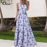 2022 Women Summer Dress Sexy Sleeveless Floral Print Belted Long Dress Casual Loose Party A Line Oversize Sundress