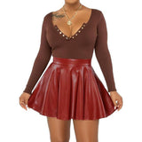 Toloer Women's 2024 Sexy Solid Color PU Skirt Women's Skirt Mini Skirt Skirt-Outfit