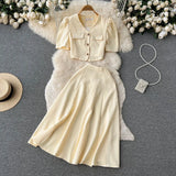 Elegant Women Set Summer 2022 Gentle Fashion V Neck Button Blouse Zipper Ruched A Line Long Skirt Slim Two Piece