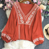 Long Sleeve Pullovers Female Fashion Chic V-neck Loose Floral Embroidered Shirts For Women Boho Casual Beach Blouses