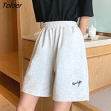 Women Summer Loose 3XL Solid Embroidery BF Wide-leg Knee-length Harajuku Casual Simple Ins Trendy All-match Students