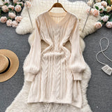 Women Retro Solid Sweater Dress V Neck Hemp Floral Long Sleeve French Style 2022 Winter A Line Slim Knitted