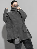 Loose Fit Black Denim Big Size Sweatshirt New High Collar Long Sleeve Women Big Size Fashion Spring Autumn 2023