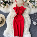Tied Spaghetti Strap Solid Knitted Dress Women Summer Sleeveless Mini Bodycon Dress Vestidos Sexy Female
