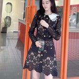 Fashion Elegant Women's Black Lace Mini Dress Luxury Runway Hollow Out Embroidery Peter Pan Collar Single-Breasted