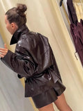 Autumn Leather Collar Short Windcoat Shorts Set With Belt Retro Locomotive