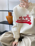 Women's Letter Embroidery Crewneck Oversized Sweatshirt Blue Beige Long Sleeve