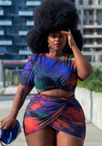 Printed Casual O-Neck Short Sleeves Tie Dye Plus Size Two Piece Skirt