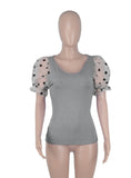 Sweet U-Neck Puff Sleeve Dot Print Regular