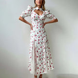 Women's Temperament Elegant Print Elegant V Collar Lantern Half-Sleeved A-Shaped Dress