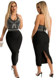 Black Gothic Halter Sleeveless Beading Midi Slit Club