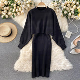 Beading Knitted Women Sets Loose Long Sleeves Sweater+ Solid Elastic Dress French Style Casual Two Piece