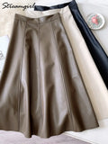 Waist Vintage PU Skirt Women Maxi Leather Skirts Womens 2022 Autumn A Line Green Faux Leather Long Skirt For Women
