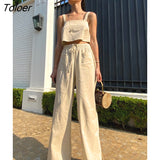 Khaki Cotton Linen Women Suit Strap Lace Up Crop Top Vest Casual Summer 2 Pieces Set Elastic Waist Straight Pants Sets