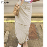 Casual Baggy Cargo Skirts Women Pockets Streetwear Drawstring Hem Low Waist Hippie Long Skirt Y2K Gray Safari Style