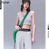 Women Vest 2022 Spring Short Loose Solid Green Letter Print Casual Chic