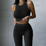 Comfortable Knitting Fitness Two Pieces Set Women Active Wear Sleeveless Tops+Elastic Pants Skinny Tracksuit