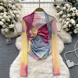 Girls Tie-Dye Mesh Jersey Long-Sleeved T-Shirt Girl Thin Perspective Temperament Fashion Folding