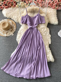 Summer Vintage Green/Beige/Purple Spaghetti Strap Pleated Long Dress Women Casual Off Shoulder Beach Party Vestidos 2021