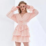Ruffle Floral Print Women's Dress V Neck Long Sleeve Color Block High Waist Mini Dresses Female 2022 Fashion