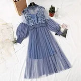 Stand-Neck Long Sleeve Party Dresses Women Solid Sweet Mesh Streetwear Mid-Calf Female Eleglant Summer Lace Dress