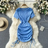 Drawstring Ruched Dress Women O Neck Short Sleeve Slim Dresses Summer Sexy Bodycon Party Short
