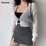 Korean Sexy See Through Cropped Cardigan Women Thin Hollow Out Knitted Cardigans Long Sleeve V-neck Sweater Crop