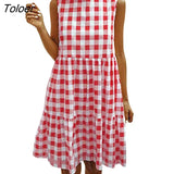 Casual Loose Plaid Print Ruffles A-line Dresses For Women 2021 O Neck Sleeveless Vintage Dress Ladies Fashion