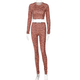 Summer Print Long Sleeves Slim Navel Top Leggings Set Bodycon Sexy Party Elegant Club Y2K Robe