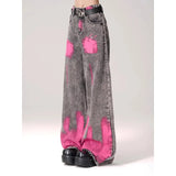Street Graffiti-Print Straight Jeans Women High-Rise Thin Legs Loose-Fall Tug On The Ground Long Pants