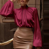 Women Fashion Satin Blouse Lantern Long Sleeve Shirts 2022 Autumn Elegant High Collar Casual Party Tunic Tops